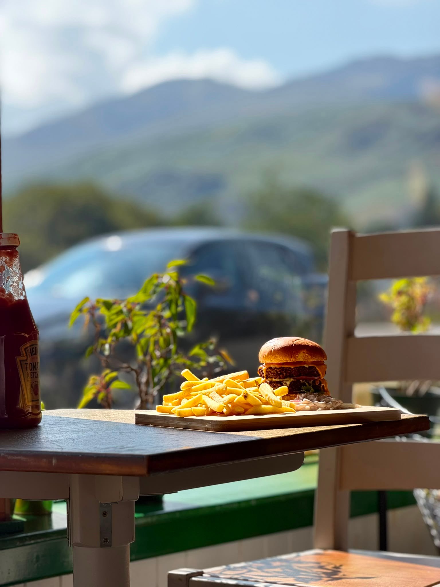 Veggie smashy burger and fries
